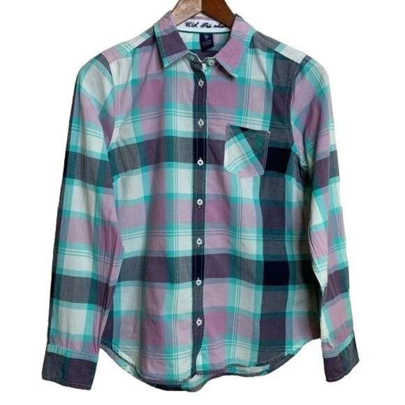 U.S. Polo Assn. Blouse Purple Green Black Plaid Button Down Shirt Casual Small - Picture 1 of 12